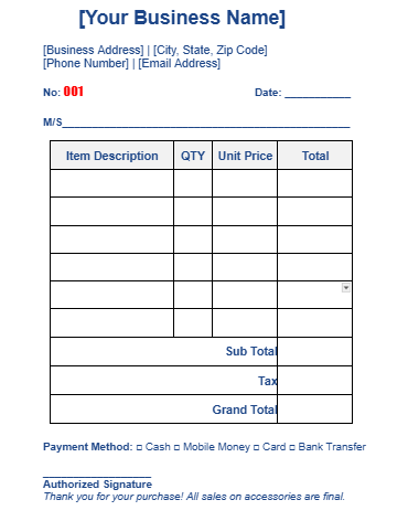 Accessories receipt template