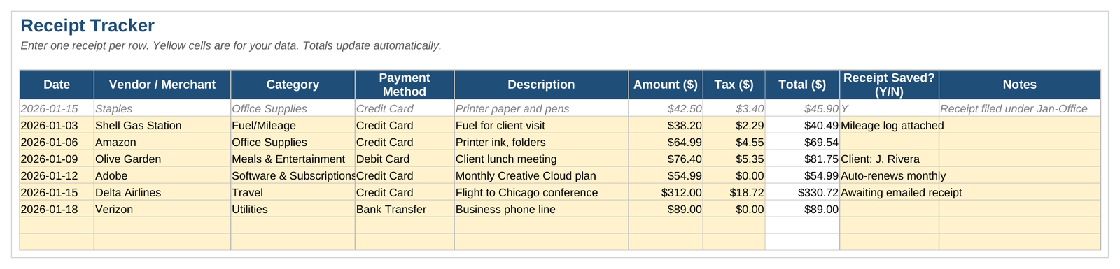 excel receipt tracker template