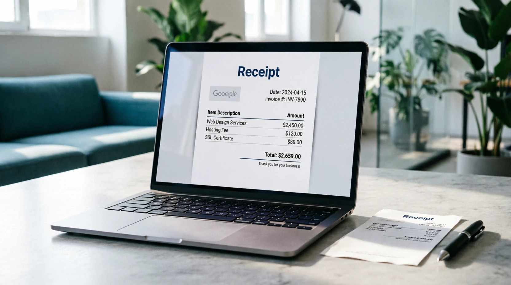 Laptop displaying a professional receipt template in Google Docs on a clean desk