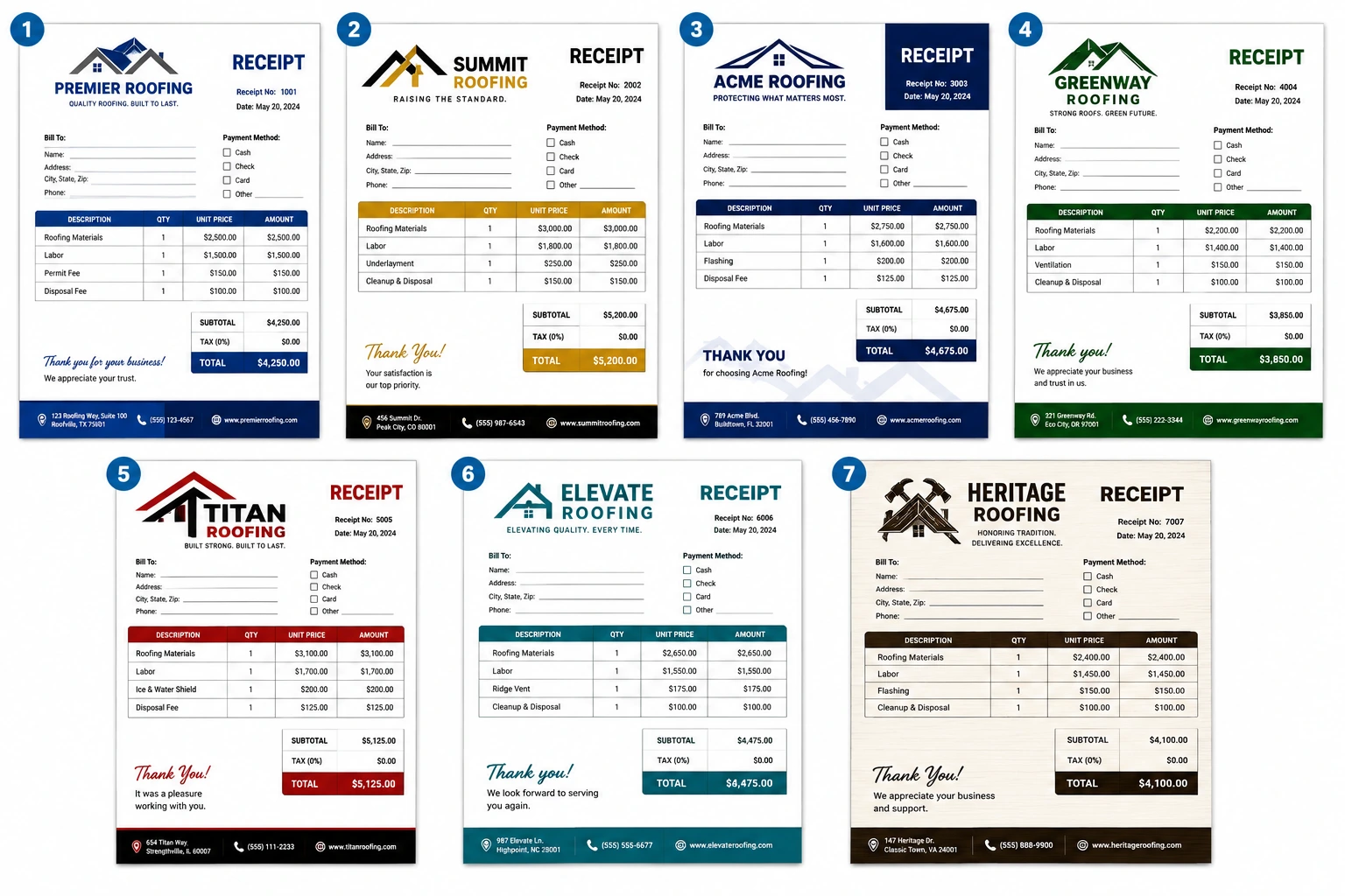 Free printable roofing receipt template