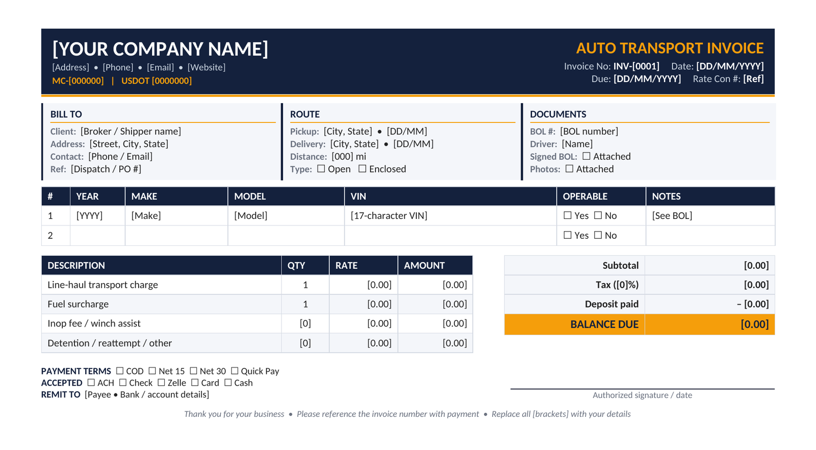 auto transport invoice template