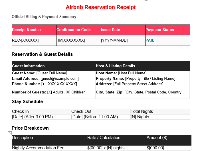 blank Airbnb receipt template