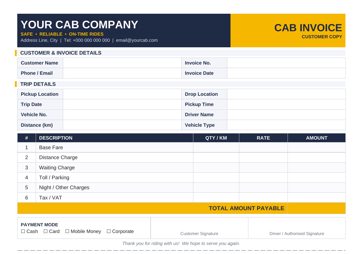 cab invoice template