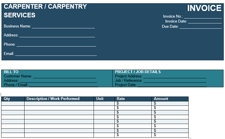blank carpenter invoice template