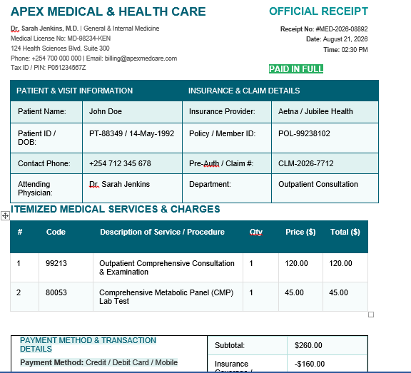 doctor's office receipt template