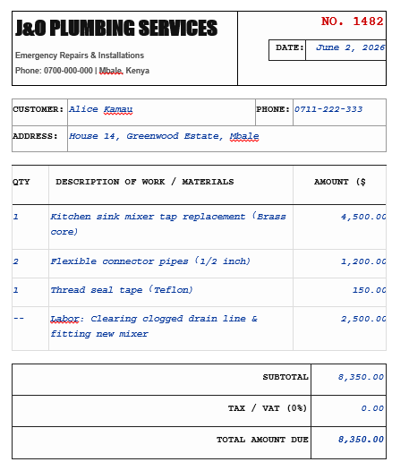 handwritten plumbing receipt