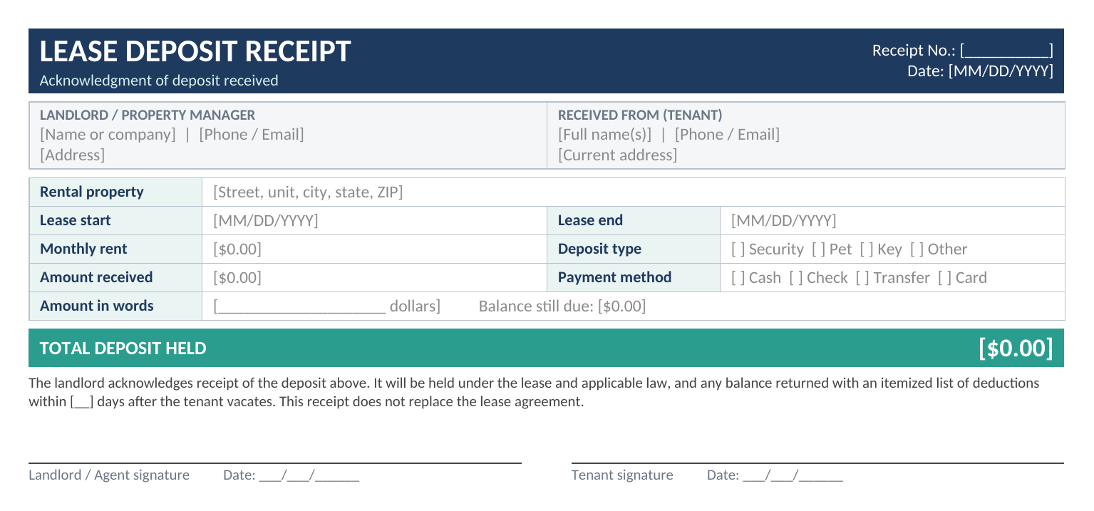 lease deposit receipt template