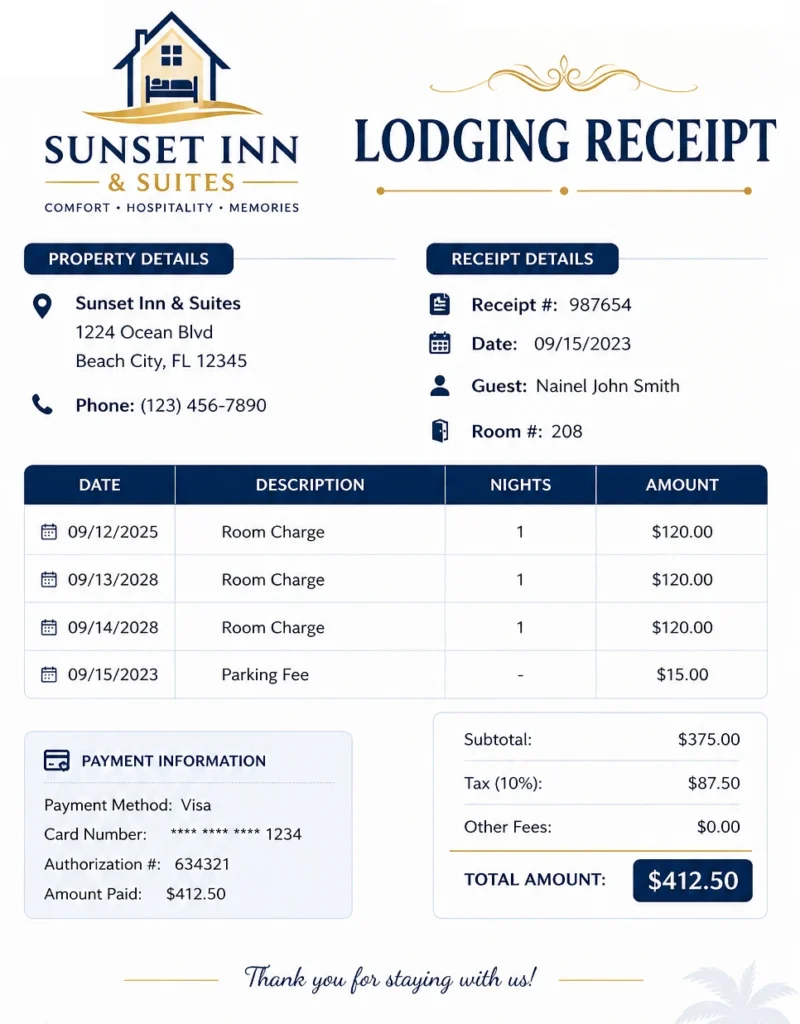 lodging receipt template 