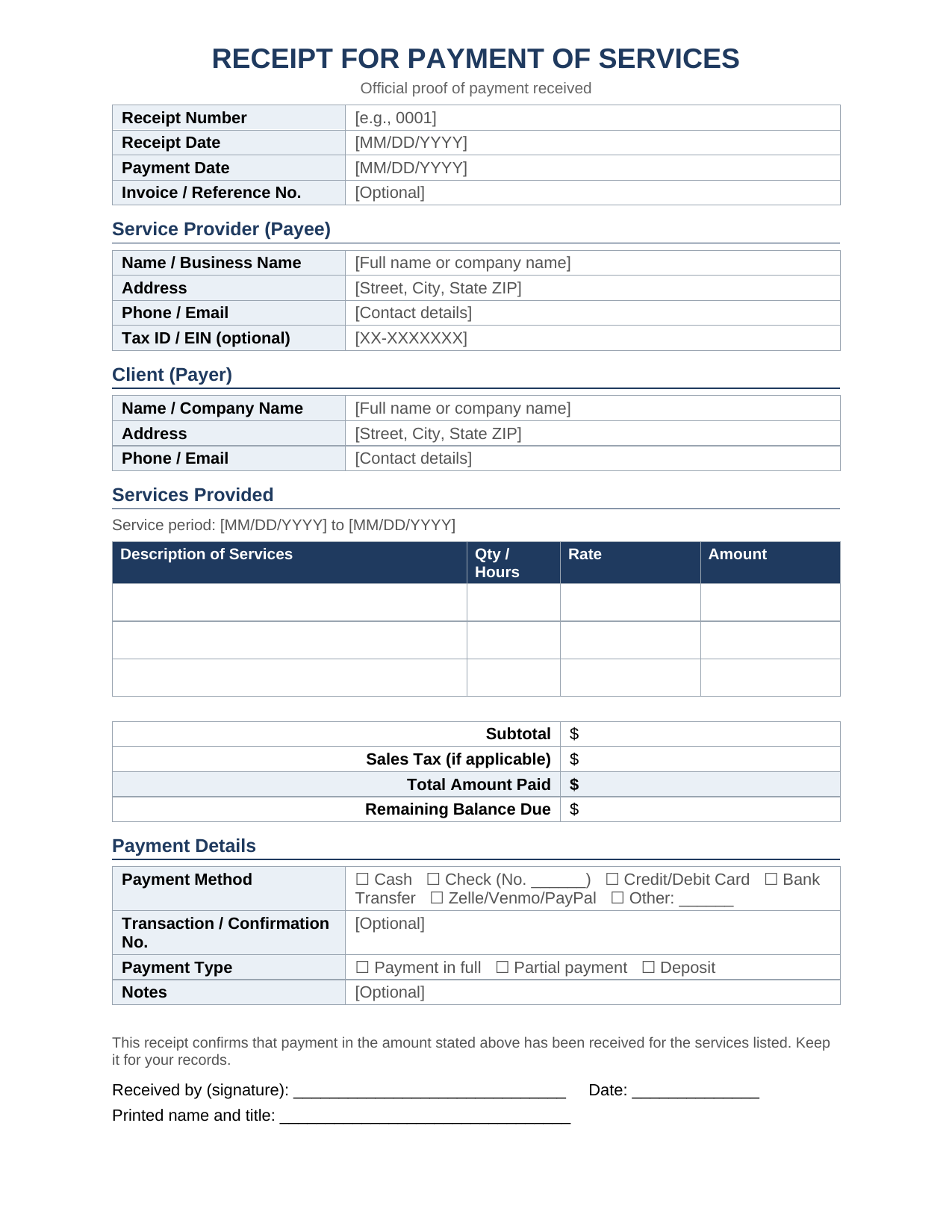 receipt for payment of services