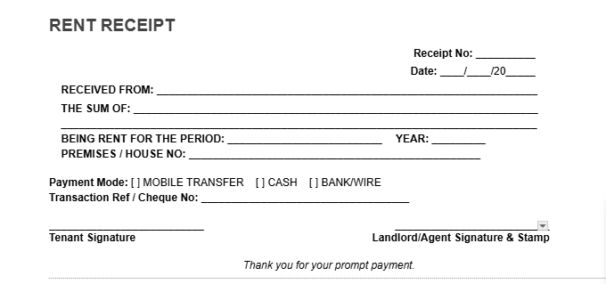 Editable rent receipt template Google Docs with property and tenant information fields